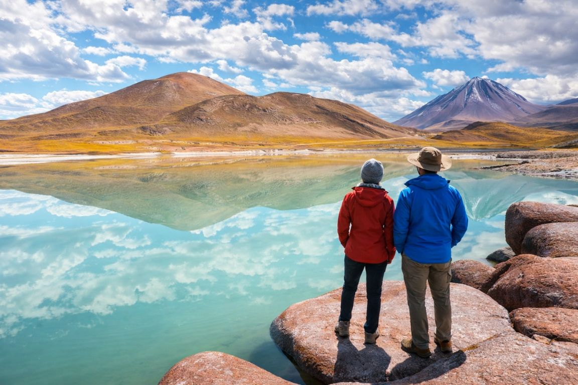 Altiplanic Lagoons reflection with volcanoes and turquoise water in Atacama, captured during an Atacama Chile Tours experience.