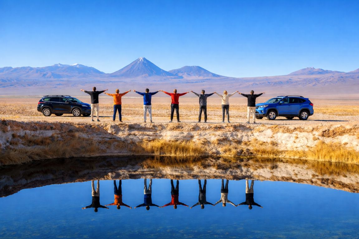Laguna Cejar mirror reflection with Andes mountains and group tour participants, captured during an Atacama Chile Tours journey.